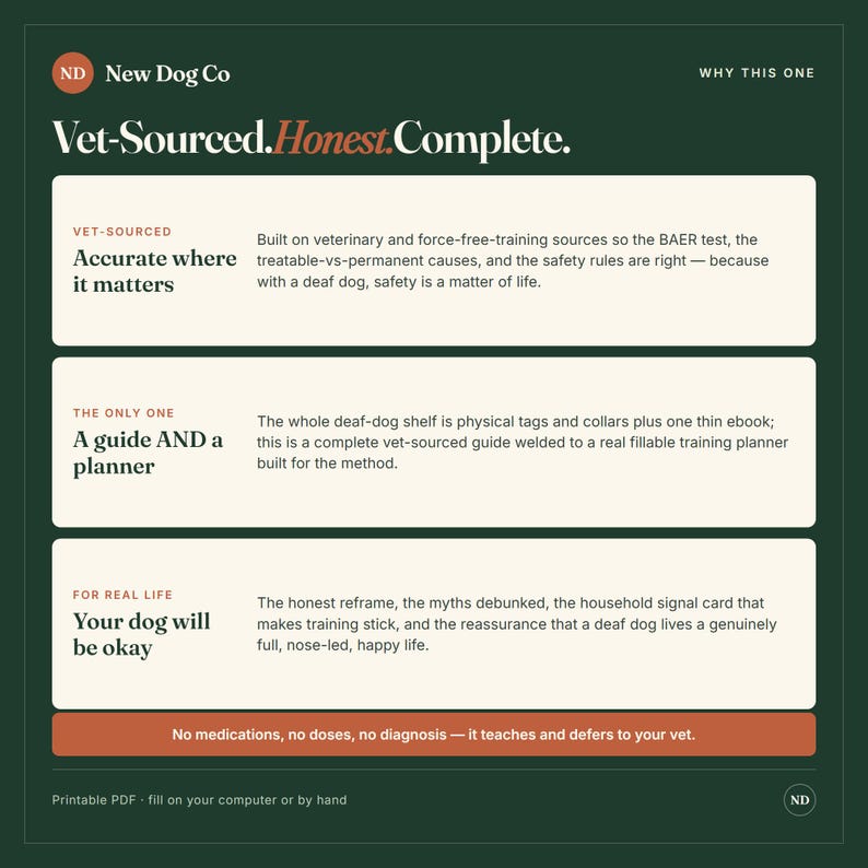 May include: A dark green informational graphic titled Vet-Sourced.Honest.Complete. by New Dog Co. It features three white rectangular sections detailing a guide and planner for deaf dogs, including text about vet-sourced training and safety.