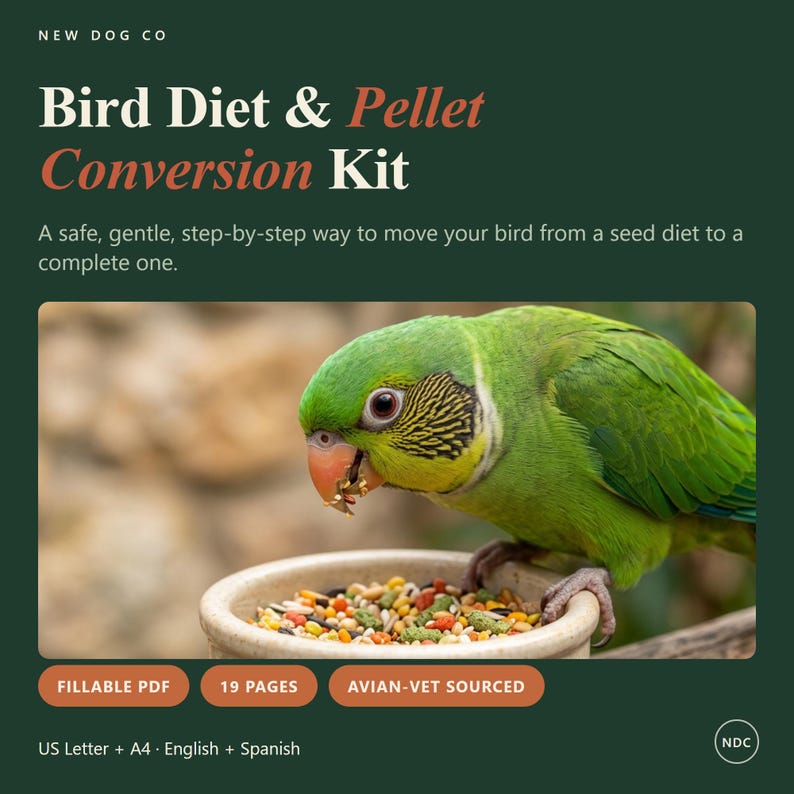 May include: A digital Bird Diet & Pellet Conversion Kit by New Dog Co. The kit includes a 19-page fillable PDF in US Letter and A4 sizes, available in English and Spanish. The cover features a green parrot eating seeds from a small bowl.