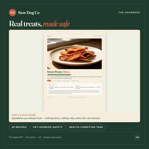 K&ouml;nnte beinhalten: Eine digitale Kochbuchseite mit dem Titel New Dog Co The Cookbook, die ein Rezept f&uuml;r Sweet-Potato Chews enth&auml;lt. Die Seite zeigt ein Foto von orangefarbenen getrockneten S&uuml;&szlig;kartoffelscheiben auf einem Teller, Zutatenlisten und Anweisungen.