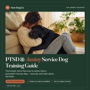 Puede incluir: Una portada de producto digital titulada PTSD & Anxiety Service Dog Training Guide para propietarios-entrenadores. Muestra un labrador negro apoyando su cabeza en el hombro de una persona. Incluye un manual de 48 páginas y un planificador de 7 páginas.