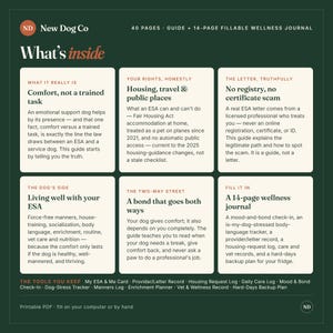 Peut inclure: Un graphique informatif vert fonc&eacute; intitul&eacute; New Dog Co What's inside, pr&eacute;sentant un guide de 40 pages et un journal de bien-&ecirc;tre remplissable de 14 pages. Il d&eacute;taille les droits des chiens de soutien &eacute;motionnel, le logement et le suivi.