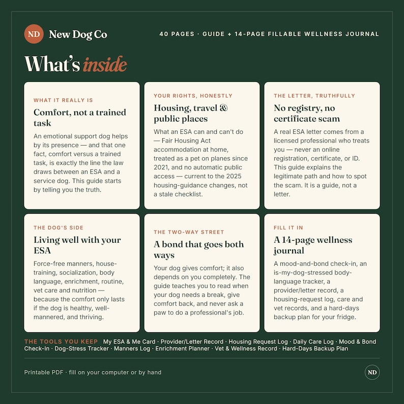 Peut inclure: Un graphique informatif vert fonc&eacute; intitul&eacute; New Dog Co What's inside, pr&eacute;sentant un guide de 40 pages et un journal de bien-&ecirc;tre remplissable de 14 pages. Il d&eacute;taille les droits des chiens de soutien &eacute;motionnel, le logement et le suivi.