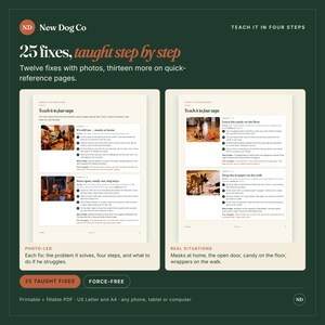 May include: A digital guide titled New Dog Co: 25 fixes, taught step by step. The document features instructional pages with photos and text detailing dog training methods for various situations like masks at home and candy on the floor.