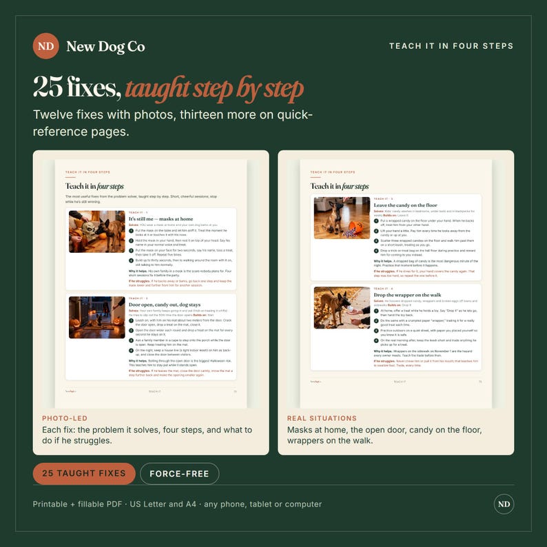 May include: A digital guide titled New Dog Co: 25 fixes, taught step by step. The document features instructional pages with photos and text detailing dog training methods for various situations like masks at home and candy on the floor.