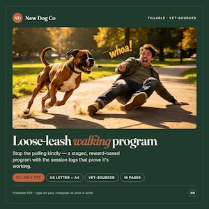 Peut inclure: Un document numérique intitulé Loose-leash walking program par New Dog Co. L'image montre un chien boxer marron et blanc tirant une personne sur un chemin avec le texte whoa! au-dessus. Il inclut Fillable PDF, US Letter + A4, Vet-sourced et 16 pages.
