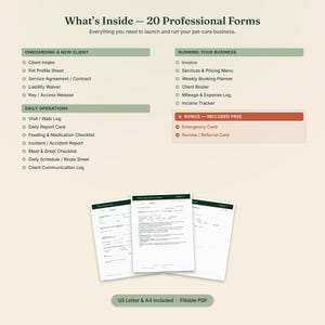 May include: A digital collection of 20 professional pet-care business forms, including client intake, service agreements, and daily logs. The document lists categories for onboarding, daily operations, and business management, available in US Letter and A4.