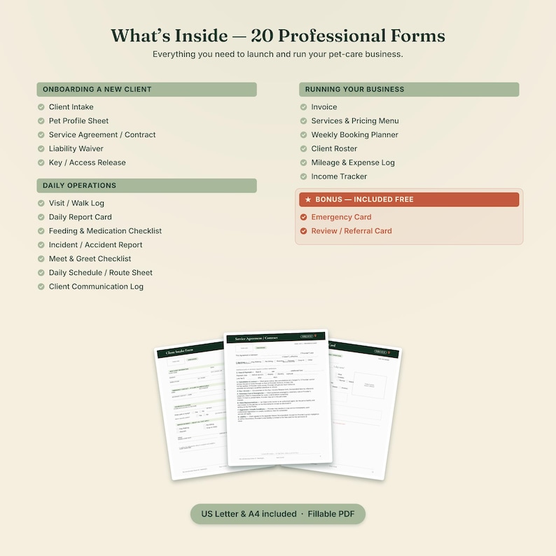 May include: A digital collection of 20 professional pet-care business forms, including client intake, service agreements, and daily logs. The document lists categories for onboarding, daily operations, and business management, available in US Letter and A4.