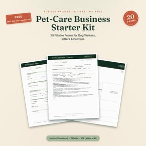 May include: A pet-care business starter kit featuring 20 fillable forms for dog walkers, sitters, and pet pros. The documents include a client intake form, a service agreement contract, and a form with space for a photo, all in US letter size.