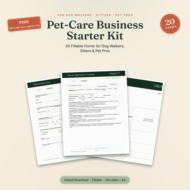 May include: A pet-care business starter kit featuring 20 fillable forms for dog walkers, sitters, and pet pros. The documents include a client intake form, a service agreement contract, and a form with space for a photo, all in US letter size.