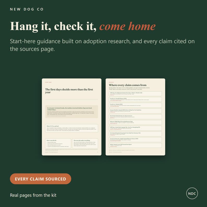 Op de afbeelding: Twee off-white informatiepagina's uit de New Dog Co-kit tegen een donkergroene achtergrond. De linkerpagina is getiteld The first days decide more than the first year, en de rechterpagina is getiteld Where every claim comes from.