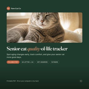Puede incluir: Un documento digital de seguimiento de la calidad de vida para gatos mayores sobre un fondo verde oscuro. Incluye una fotograf&iacute;a de un gato atigrado gris, el texto New Cat Co y detalles como PDF rellenable, US Letter, A4, 16 p&aacute;ginas.