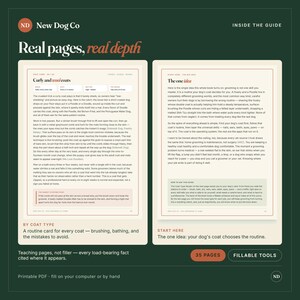 Puede incluir: Una gu&iacute;a digital titulada New Dog Co que muestra dos p&aacute;ginas abiertas con texto sobre rutinas de aseo canino. La p&aacute;gina izquierda trata sobre pelajes rizados y lanosos, mientras que la derecha explica el concepto base. 35 p&aacute;ginas.