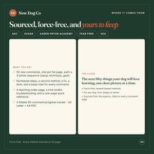 May include: A dark green informational graphic titled New Dog Co Sourced, force-free, and yours to keep. It lists features including 50 commands with 3-photo sequences, numbered steps, a trick toolkit, and a fillable progress tracker in US Letter and A4 PDF.