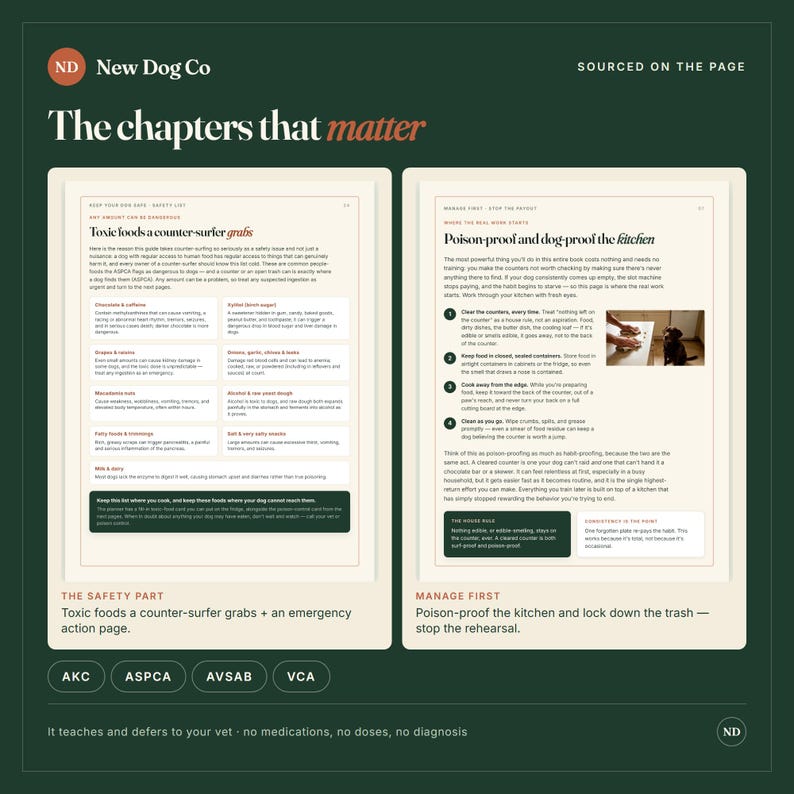 May include: Two pages from a New Dog Co guide titled The chapters that matter. The left page lists toxic foods for dogs, while the right page provides instructions on how to poison-proof and dog-proof the kitchen, including a photo of a dog.