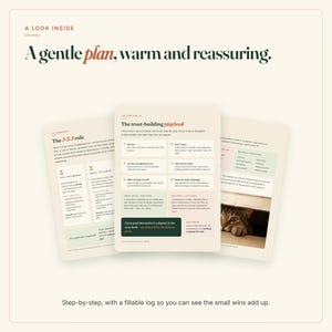 Peut inclure: Trois fiches informatives sur fond cr&egrave;me avec du texte sombre. La carte centrale est intitul&eacute;e The trust-building playbook et pr&eacute;sente des &eacute;tapes num&eacute;rot&eacute;es pour les soins aux chats. La carte de gauche d&eacute;taille la r&egrave;gle 3-3-3 et celle de droite montre un chat dans une bo&icirc;te.