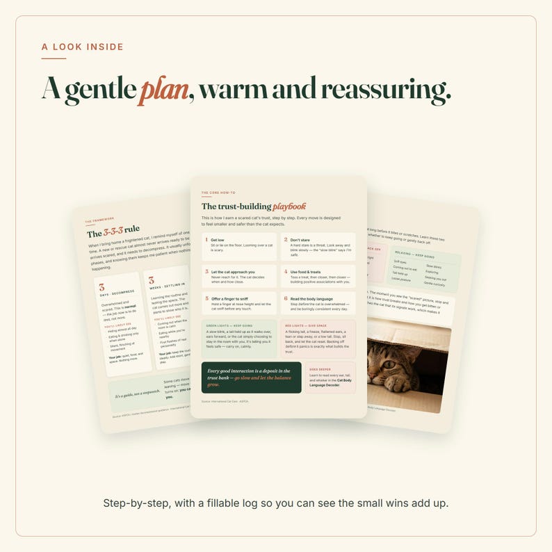 Peut inclure: Trois fiches informatives sur fond cr&egrave;me avec du texte sombre. La carte centrale est intitul&eacute;e The trust-building playbook et pr&eacute;sente des &eacute;tapes num&eacute;rot&eacute;es pour les soins aux chats. La carte de gauche d&eacute;taille la r&egrave;gle 3-3-3 et celle de droite montre un chat dans une bo&icirc;te.