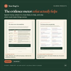 May include: A digital document titled The evidence meter: what actually helps, featuring two pages of text. The left page displays a table evaluating calming products for dogs, while the right page lists ten holiday ideas. The background is dark green.