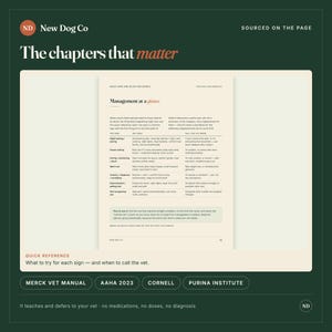 Pu&ograve; includere: Una pagina di una guida di riferimento intitolata Management at a glance, che presenta una tabella con colonne per segni, azioni da provare e quando chiamare un veterinario. Il testo include intestazioni come Questions and Quick Reference.