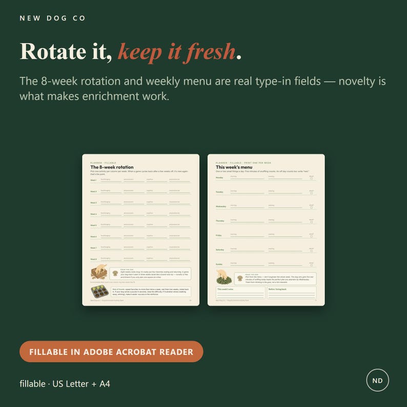 May include: A digital planner template with two cream-colored pages on a dark green background. The text reads: New Dog Co, Rotate it, keep it fresh. The 8-week rotation and weekly menu are real type-in fields. Fillable in Adobe Acrobat Reader.
