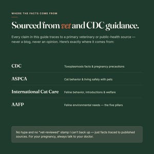 May include: A dark green informational graphic titled Where the facts come from, Sourced from vet and CDC guidance. It lists sources including CDC, ASPCA, International Cat Care, and AAFP with their respective topics, plus a footer note about facts.