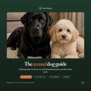 May include: A digital guide titled The second dog guide featuring a black Labrador and a cream-coloured curly-haired dog. The document includes sections on choosing a second dog, a two-week introduction plan, and pack life, available as a fillable PDF.