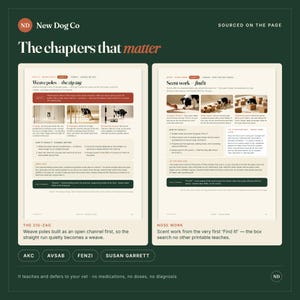 May include: A dark green informational page titled The chapters that matter by New Dog Co. It features two instructional sections on dog training: Weave poles - the zig-zag and Scent work - find it, including text, diagrams, and photos of a dog.
