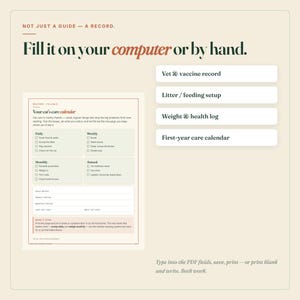 May include: A digital cat care calendar template with sections for daily, weekly, monthly, and annual routines. The document includes text fields for notes, vet visits, and health logs. It features a light beige background with dark green and terracotta text.