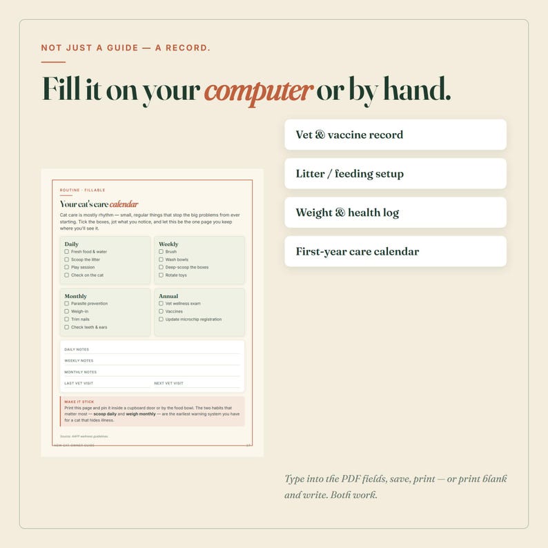 May include: A digital cat care calendar template with sections for daily, weekly, monthly, and annual routines. The document includes text fields for notes, vet visits, and health logs. It features a light beige background with dark green and terracotta text.