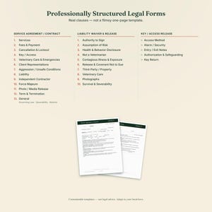 May include: A set of professionally structured legal forms including a Service Agreement, Liability Waiver & Release, and Key/Access Release. The document lists clauses such as Services, Fees, Liability, and Authorization, with two sample pages displayed below.