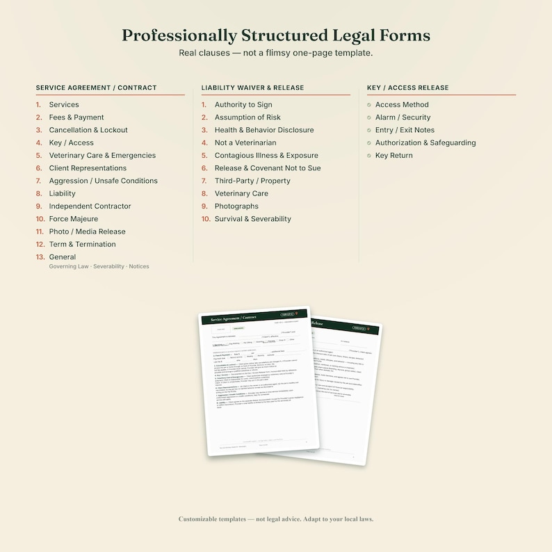 May include: A set of professionally structured legal forms including a Service Agreement, Liability Waiver & Release, and Key/Access Release. The document lists clauses such as Services, Fees, Liability, and Authorization, with two sample pages displayed below.