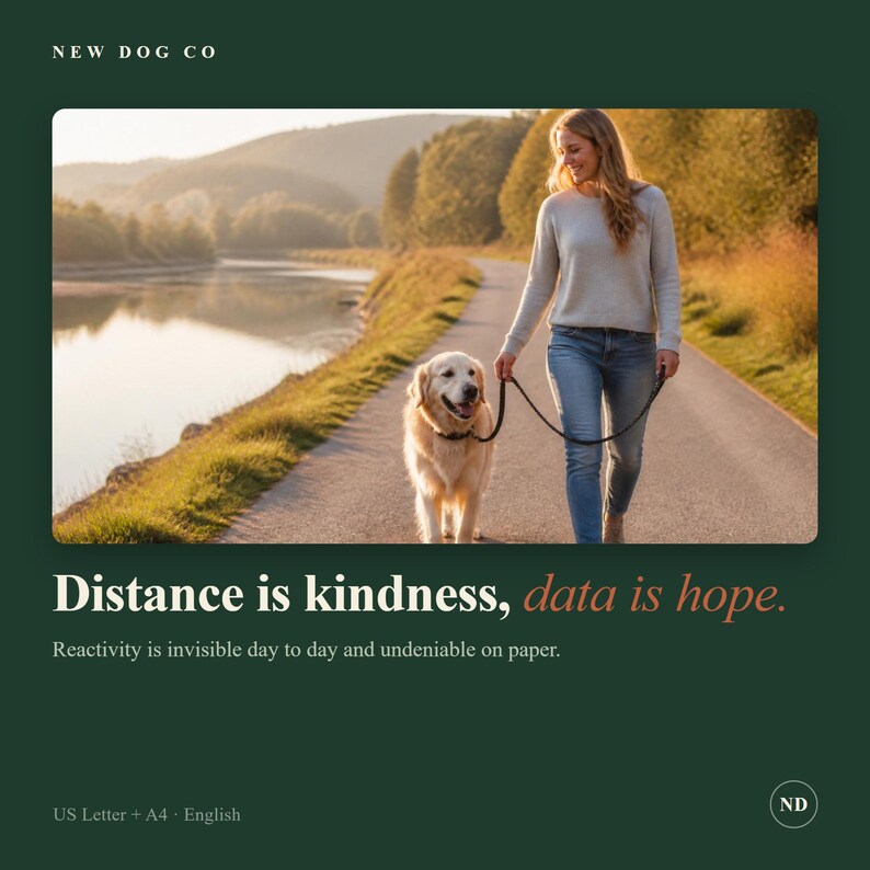 Puede incluir: Un golden retriever caminando por un sendero con una persona, con el texto NEW DOG CO, Distance is kindness, data is hope. Reactivity is invisible day to day and undeniable on paper. US Letter + A4 - English, y las letras ND.
