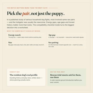 May include: A beige informational document titled Pick the pair, not just the puppy. It outlines dog compatibility factors including energy match, age gap, size, and sex pairing. It features sections for a resident dog's profile and rescue trial-meets.