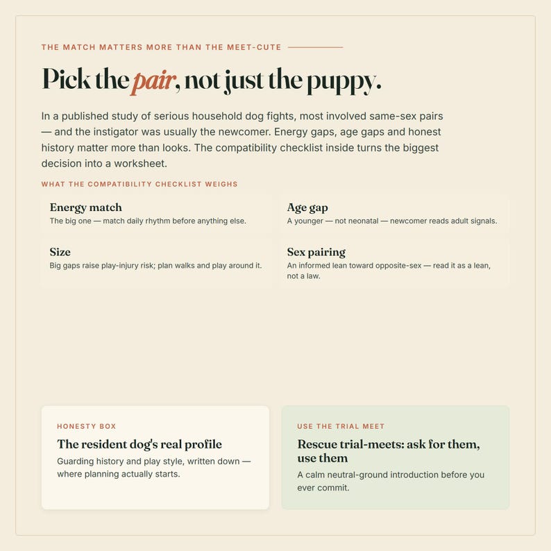 May include: A beige informational document titled Pick the pair, not just the puppy. It outlines dog compatibility factors including energy match, age gap, size, and sex pairing. It features sections for a resident dog's profile and rescue trial-meets.