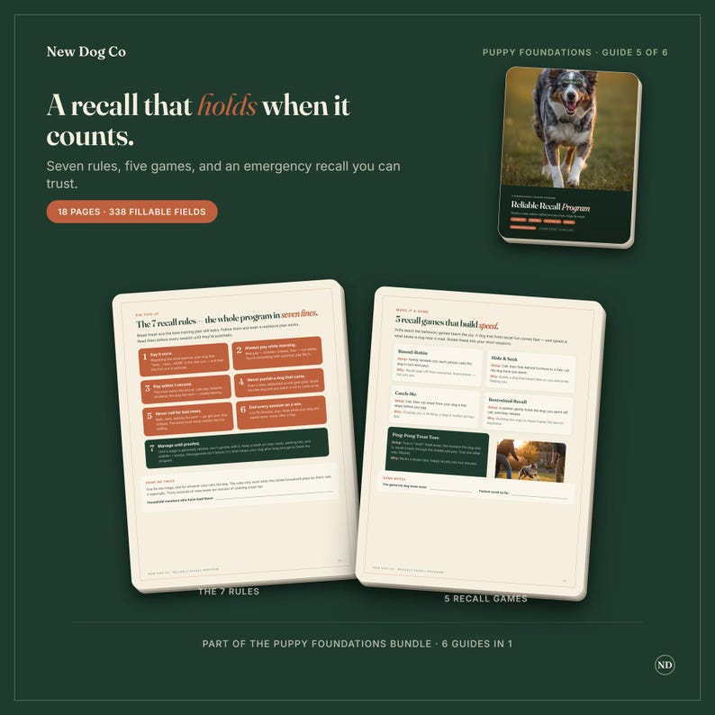May include: A digital guide titled New Dog Co Puppy Foundations Guide 5 of 6, featuring a cover with a dog photo and two open pages displaying 7 recall rules and 5 recall games with text, 18 pages, and 338 fillable fields on a dark green background.