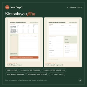 May include: Two digital fillable pages on a dark green background. The left page is a Health & hygiene tracker with checklists and a notes section. The right page is a Health record & dog r&eacute;sum&eacute; with fields for medical history and identification.