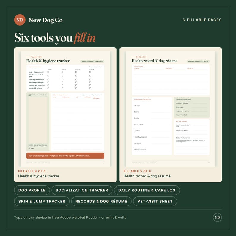 May include: Two digital fillable pages on a dark green background. The left page is a Health & hygiene tracker with checklists and a notes section. The right page is a Health record & dog r&eacute;sum&eacute; with fields for medical history and identification.
