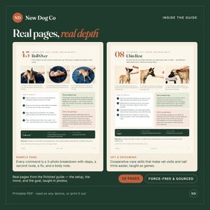 May include: A digital guide titled New Dog Co featuring two sample pages with instructional text and photos. The left page shows a dog learning to roll over, while the right page demonstrates a chin rest command. Includes 59 pages in a printable PDF format.