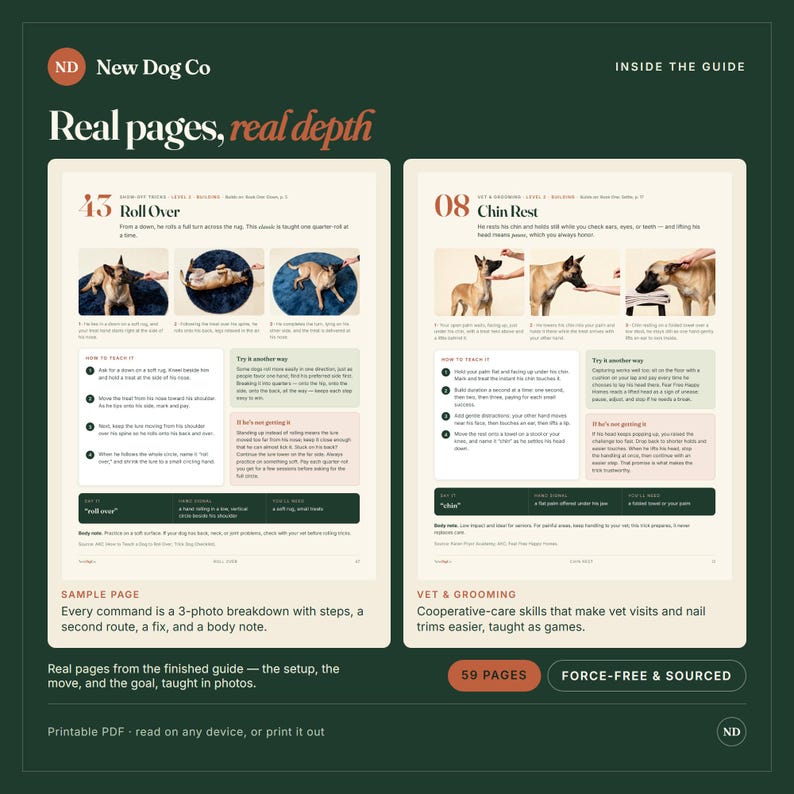 May include: A digital guide titled New Dog Co featuring two sample pages with instructional text and photos. The left page shows a dog learning to roll over, while the right page demonstrates a chin rest command. Includes 59 pages in a printable PDF format.