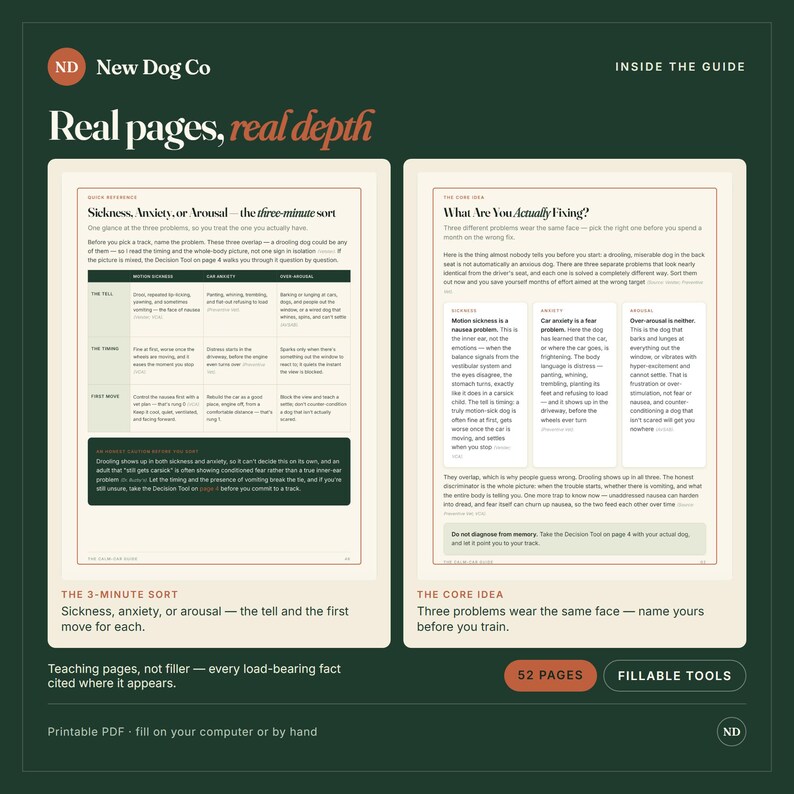 Puede incluir: Una gu&iacute;a digital titulada New Dog Co que muestra dos p&aacute;ginas de texto. La p&aacute;gina izquierda contiene una tabla titulada Sickness, Anxiety, or Arousal, y la derecha se titula What Are You Actually Fixing. Fondo verde oscuro con texto en blanco.