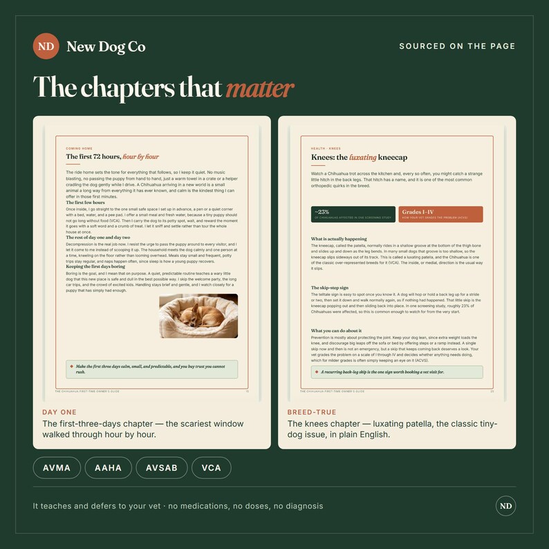 K&ouml;nnte beinhalten: Eine dunkelgr&uuml;ne Infografik mit dem Titel The chapters that matter von New Dog Co. Sie zeigt zwei Textseiten &uuml;ber Welpenpflege und Hundegesundheit, inklusive eines Fotos eines kleinen Hundes in einem Bett, mit den K&uuml;rzeln AVMA, AAHA, AVSAB und VCA.