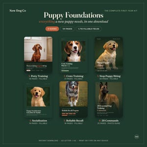May include: A digital puppy training kit titled Puppy Foundations by New Dog Co. The set includes six guides: Potty Training, Crate Training, Stop Puppy Biting, Socialization, Reliable Recall, and 20 Commands, totaling 141 pages and 1,710 fillable fields.