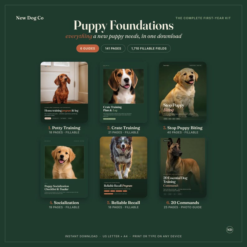 May include: A digital puppy training kit titled Puppy Foundations by New Dog Co. The set includes six guides: Potty Training, Crate Training, Stop Puppy Biting, Socialization, Reliable Recall, and 20 Commands, totaling 141 pages and 1,710 fillable fields.