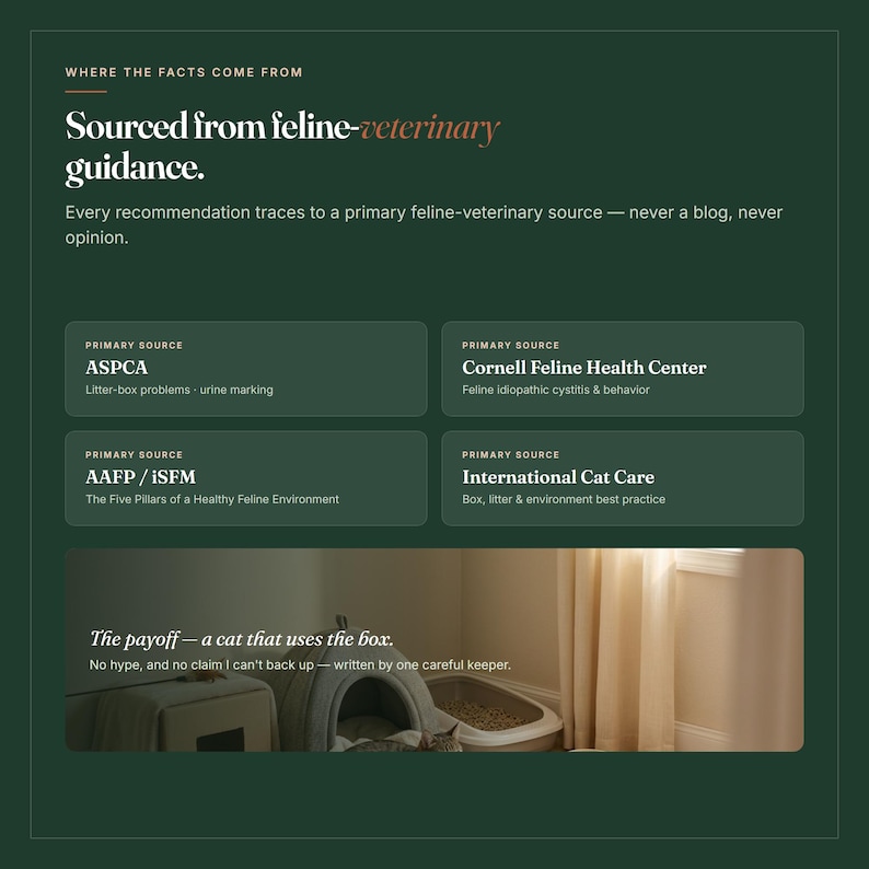 以下が含まれることがあります： Where the facts come from, Sourced from feline-veterinary guidanceというタイトルのダークグリーンのインフォグラフィック。ASPCA、Cornell Feline Health Center、AAFP/iSFM、International Cat Careなどの主要な情報源と猫のケアに関するトピックが記載されています。