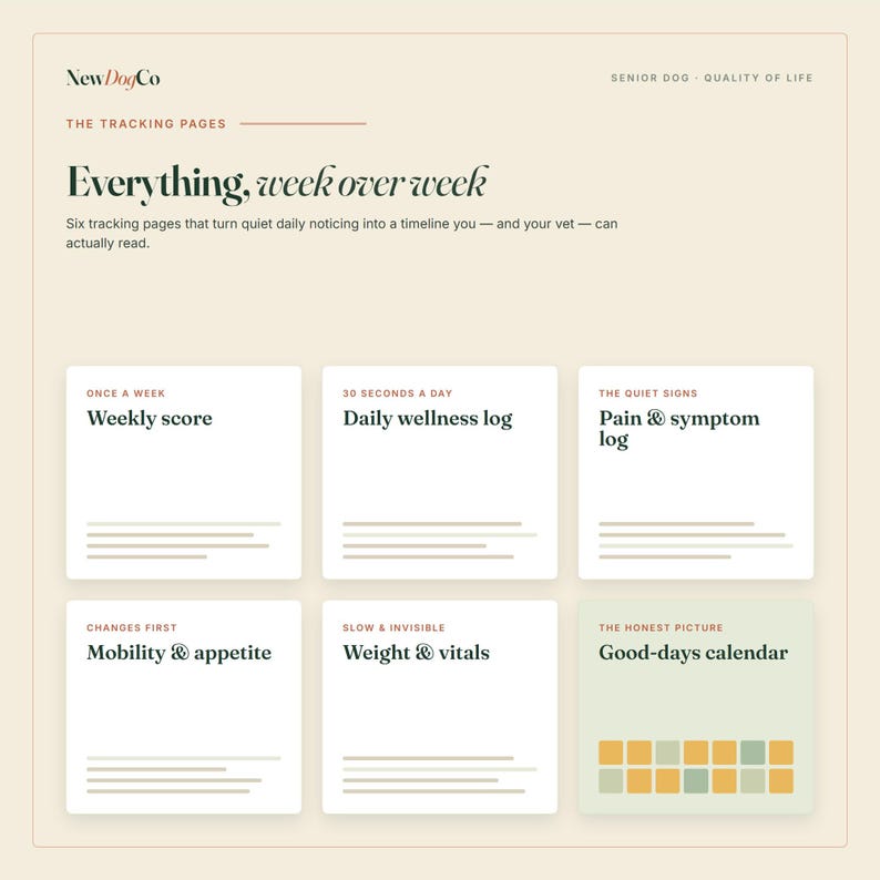 May include: A beige informational graphic titled NewDogCo Senior Dog Quality of Life featuring six tracking pages: Weekly score, Daily wellness log, Pain & symptom log, Mobility & appetite, Weight & vitals, and a Good-days calendar with colored squares.