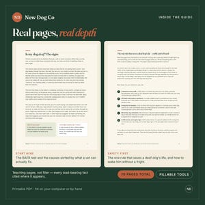 May include: A digital guide titled New Dog Co: Real pages, real depth, featuring two pages of text about deaf dogs. The left page covers signs of deafness, and the right page outlines safety rules. The document includes 70 pages total and fillable tools.