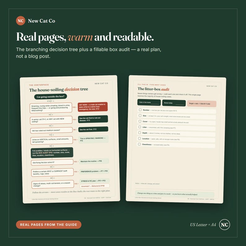 以下が含まれることがあります： New Cat Coのガイド「Real pages, warm and readable」のオフホワイトのページ2枚。左側のページには猫のトイレの失敗に関する意思決定ツリーが、右側のページにはチェックボックスとテキストフィールドを備えた記入式のトイレ監査シートが記載されています。