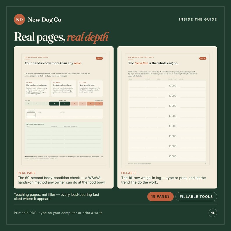 K&ouml;nnte beinhalten: Ein digitaler Leitfaden von New Dog Co mit zwei Seiten: einem 60-Sekunden-K&ouml;rperzustands-Check mit Bewertungsskala und einem 16-zeiligen Wiegeprotokoll. Das Layout enth&auml;lt erkl&auml;renden Text, ausf&uuml;llbare Felder und einen dunkelgr&uuml;nen Hintergrund.