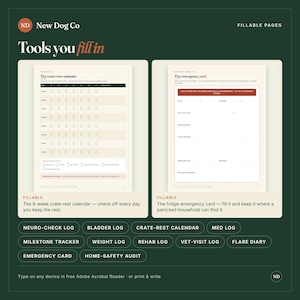 Op de afbeelding: Twee digitale invulbare pagina's getiteld Tools you fill in van New Dog Co. De linkerpagina is een 8-weken benchrustkalender met selectievakjes. De rechterpagina is een noodkaart met velden voor de medische geschiedenis van een huisdier.