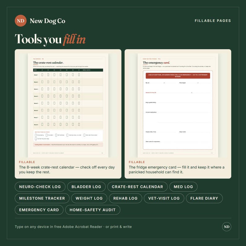 Op de afbeelding: Twee digitale invulbare pagina's getiteld Tools you fill in van New Dog Co. De linkerpagina is een 8-weken benchrustkalender met selectievakjes. De rechterpagina is een noodkaart met velden voor de medische geschiedenis van een huisdier.