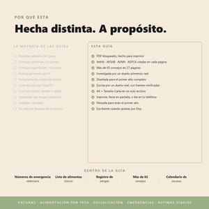 May include: A guide with text in Spanish, titled "Hecha distinta. A prop&oacute;sito." The guide lists features like printable PDF, over 65 tips, and is designed for the first year. It also includes sections on emergency numbers, food lists, and vaccination schedules.